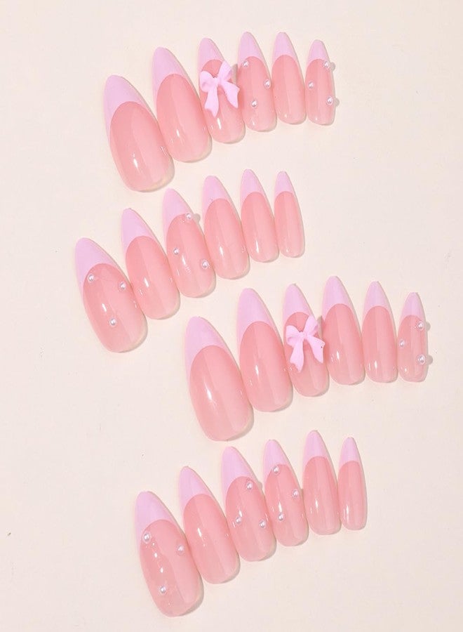 OSTTMA 24Pcs French Press on Nails Almond Fake Nail Cute Pink False Nails with Bow Pearl Design Pink French Tip Acrylic Nails Luxury Glue on Nail Full Cover Artificial Nails for Women Manicure Accessories - Image 2